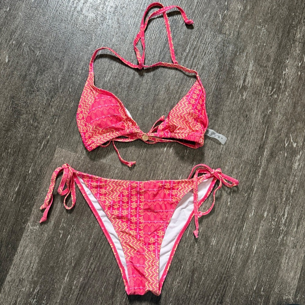 Air Space Bikini Set Women Medium Pink Orange Geometric Triangle Side Tie Boho